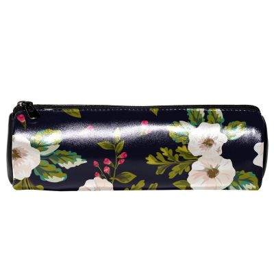 Pencil Case with White Flowers on a Navy Blue Background