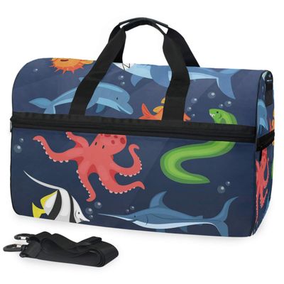 Sea Octopus Shark Dolphin Sports Bag with Shoe Compartment