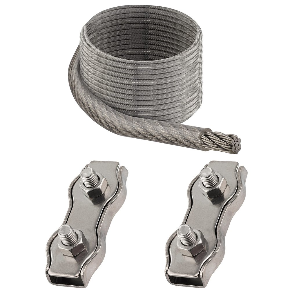 OPIOL QUALITY 30 m 3 mm Transparent-Coated Wire Rope Set with 2 M4 Duplex Stainless Steel Clips