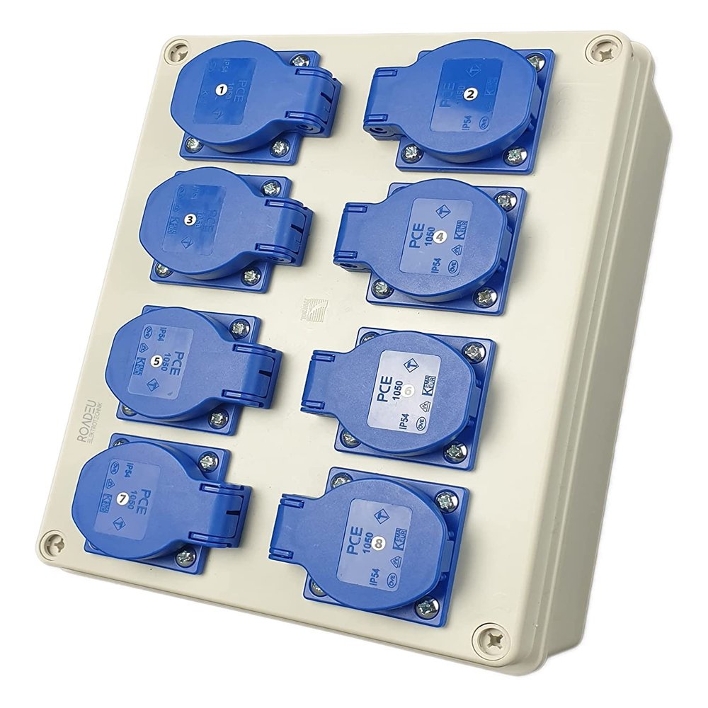 RoadEu 230V Power Distributor with 8 Schuko Sockets, 16A, IP54, Prewired