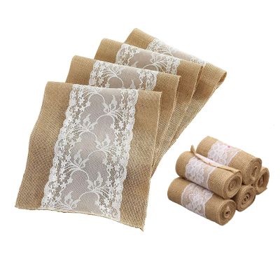 RENRUIRUI Burlap Table Runner and Chair Sash Set with White Lace