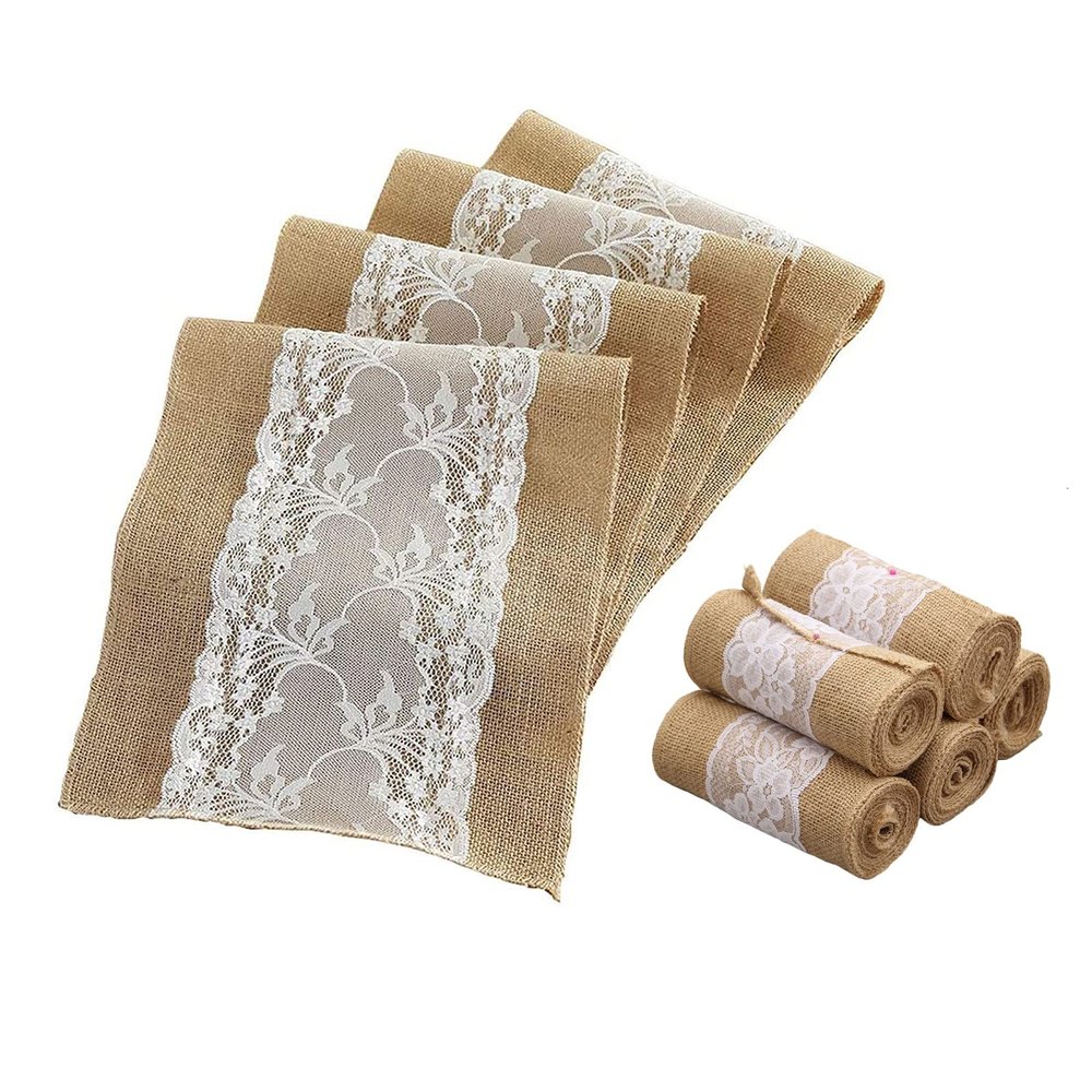 RENRUIRUI Burlap Table Runner and Chair Sash Set with White Lace