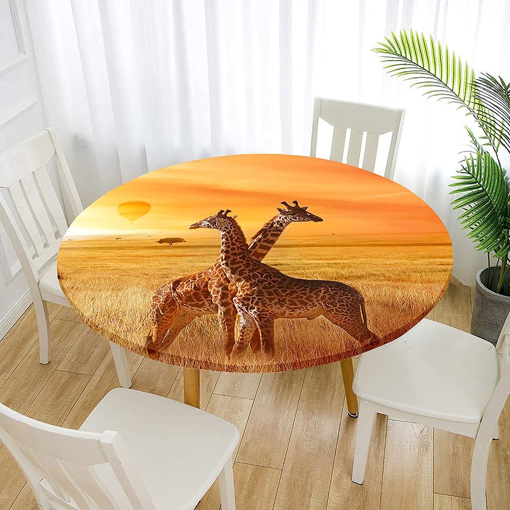 Round Washable Outdoor Tablecloth, Polyester, 3D Cuddling Giraffe, 130 cm Diameter