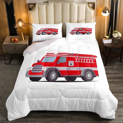 Homewish Fire Truck Comforter Set 135 x 200 cm, Red Cartoon Car Bedding for Kids