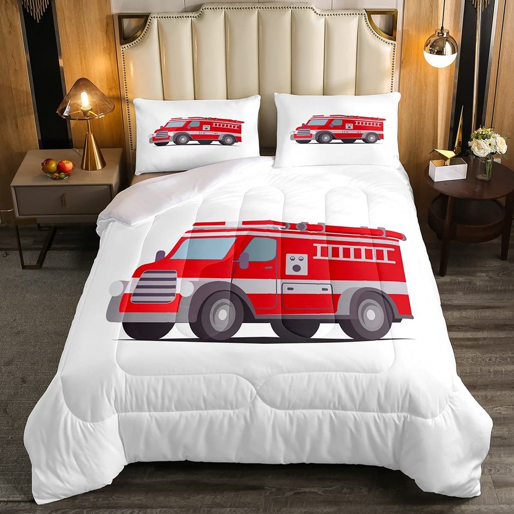 Homewish Fire Truck Comforter Set 135 x 200 cm, Red Cartoon Car Bedding for Kids