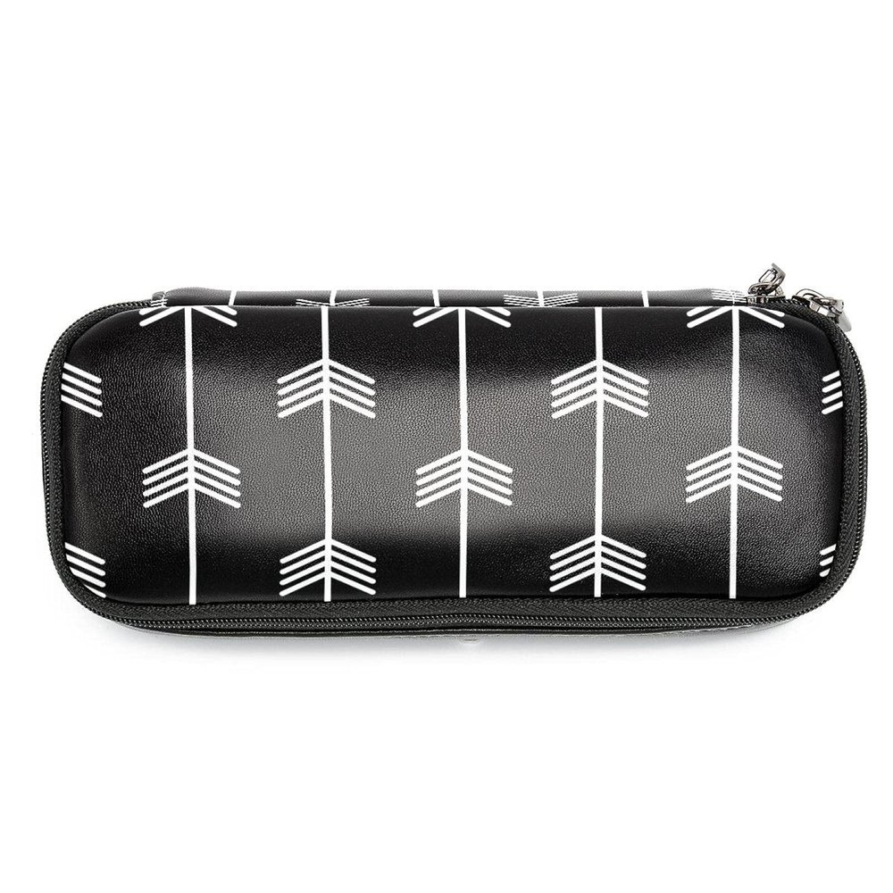 Large-Capacity Pencil Case Organizer, White Arrow Pattern on Black