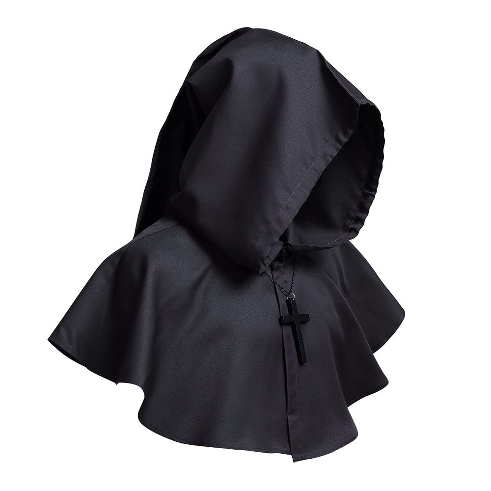 COSDREAMER Medieval Hooded Cowl Cross Necklace Halloween Cloak for Demon, Witch, and Wizard Cosplay, Black, One Size