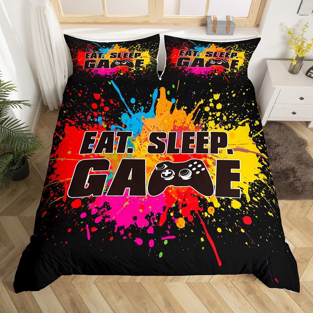 Gamer Duvet Cover Set 155 x 220 cm, Black Gamepad Design, 2-Piece, Zipper