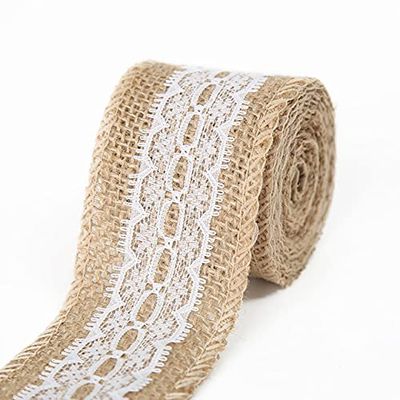 JUJING 1 m x 25 mm Natural Jute Burlap Lace Ribbon with White Trim