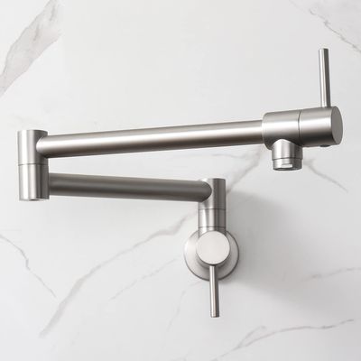HAIYUNDA Wall-Mount Kitchen Faucet, Double-Joint Swivel Arm, Extendable, Two Handles, Brushed Nickel