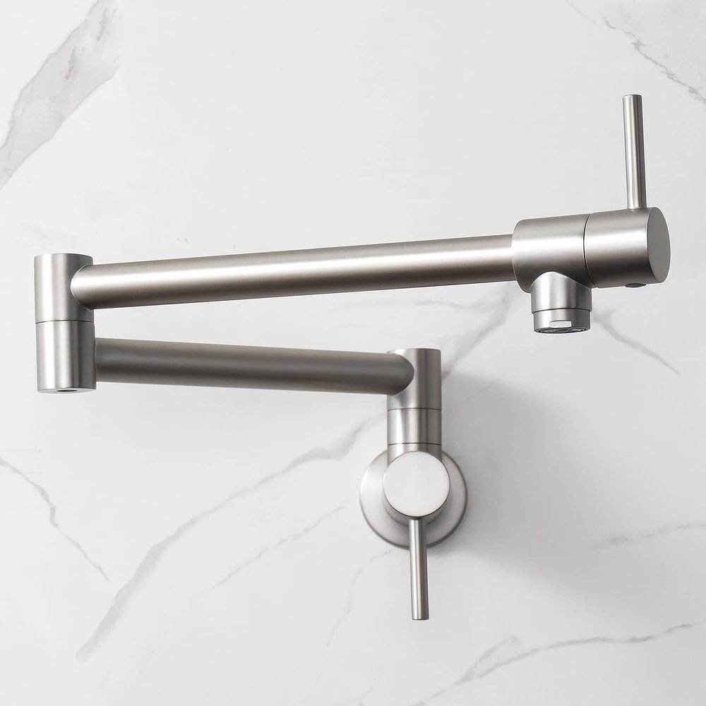 HAIYUNDA Wall-Mount Kitchen Faucet, Double-Joint Swivel Arm, Extendable, Two Handles, Brushed Nickel