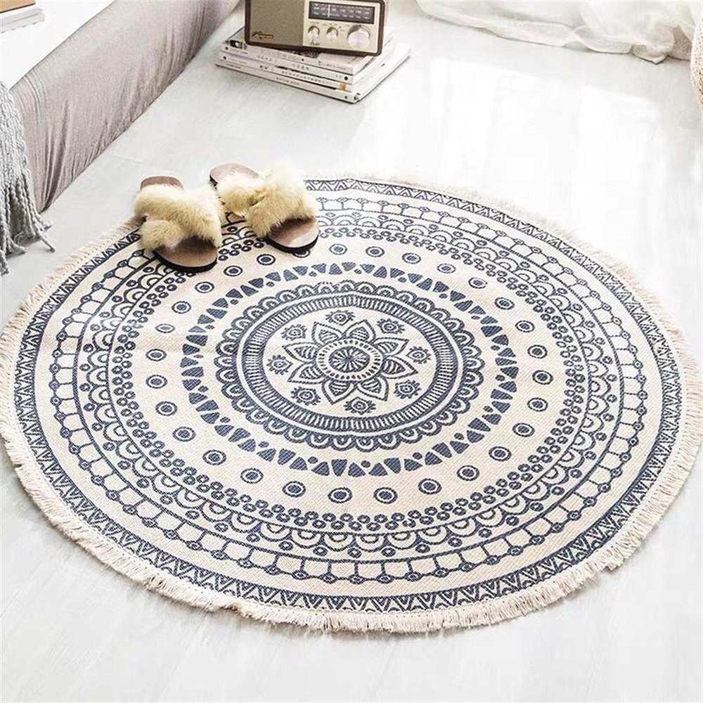 Geling Bohemian Round Cotton Rug with Tassels, Washable, 120 cm/47.2 in
