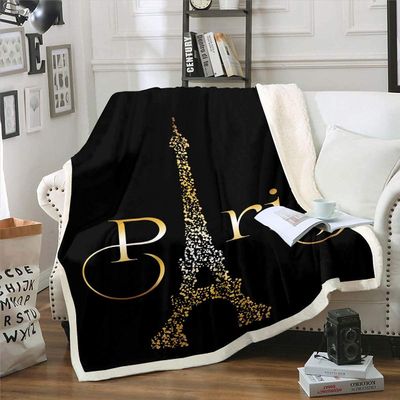 Homemissing Eiffel Tower Flannel Fleece Throw Blanket, Romantic Paris Design, 130 x 150 cm, Black and Gold