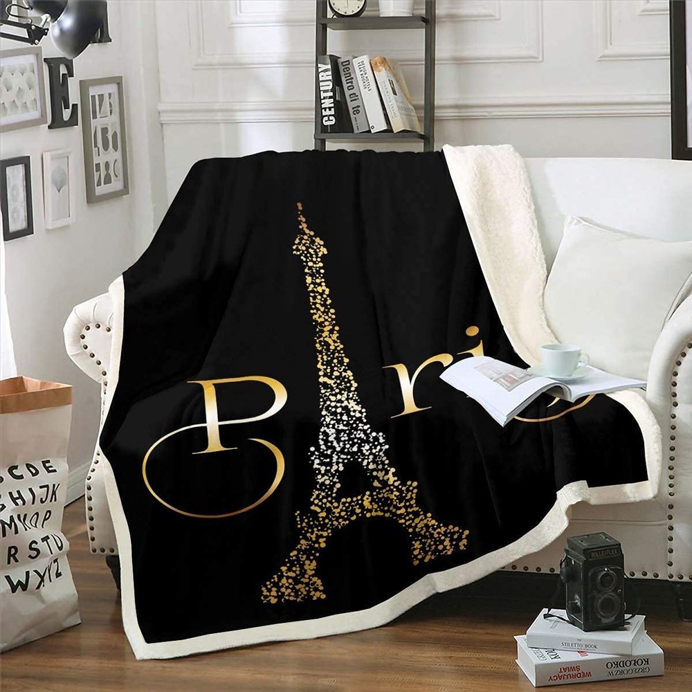 Homemissing Eiffel Tower Flannel Fleece Throw Blanket, Romantic Paris Design, 130 x 150 cm, Black and Gold