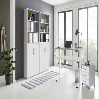moebel-dich-auf e-TABOR 11 Home Office Set, Height-Adjustable Desk 69–119 cm, Lockable Cabinets, White/Lichtgrau