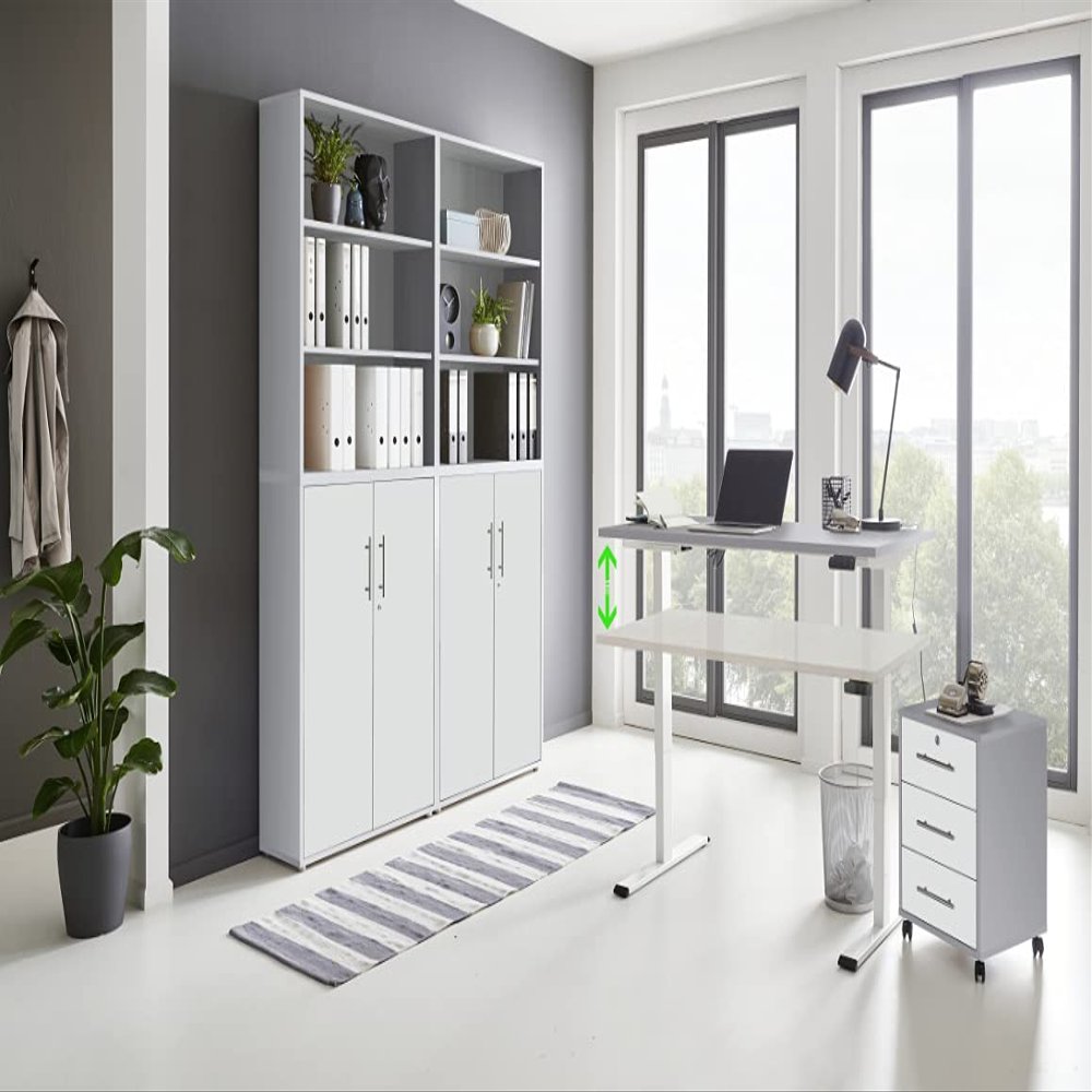 moebel-dich-auf e-TABOR 11 Home Office Set, Height-Adjustable Desk 69–119 cm, Lockable Cabinets, White/Lichtgrau