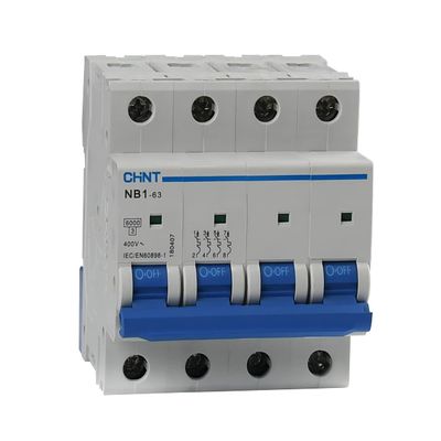 Chint NB1-63 Curve C Thermal-Magnetic Circuit Breaker, No. 180422, 4-Pole, 4 Modules, 400 VAC, 6 A