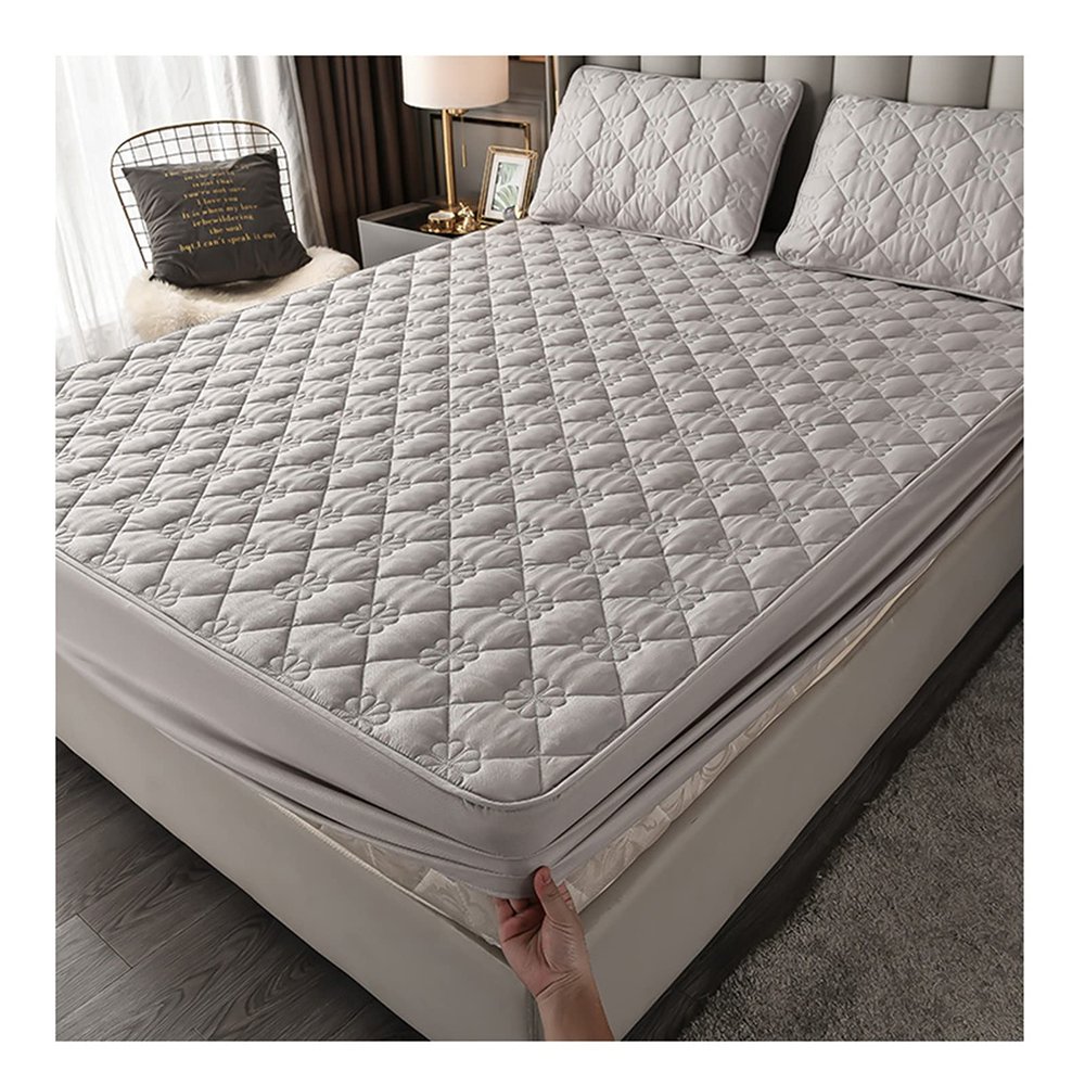 Quilted Cotton Mattress Topper and Protector for Box Spring Beds, Washable, Anti-Allergy, Gray, 180 x 200 cm