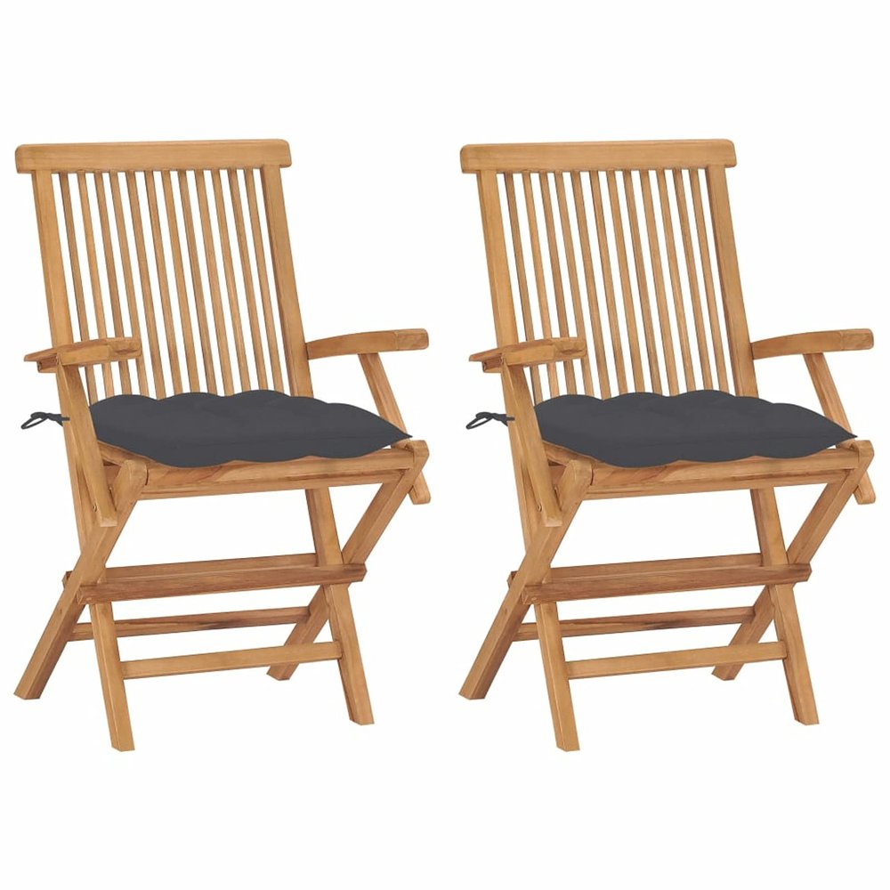 Tidyard 2-Pack Folding Teak Garden Chairs with Anthracite Cushions