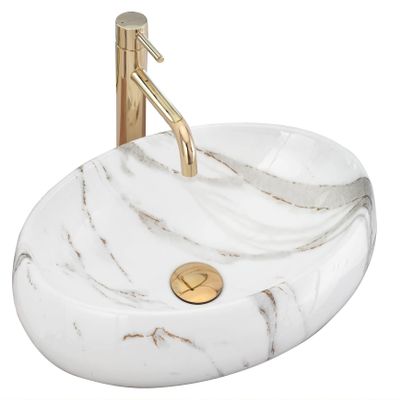 Rea Oval Ceramic Countertop Vessel Sink, Ivory Stone Marble, 33 x 48 cm