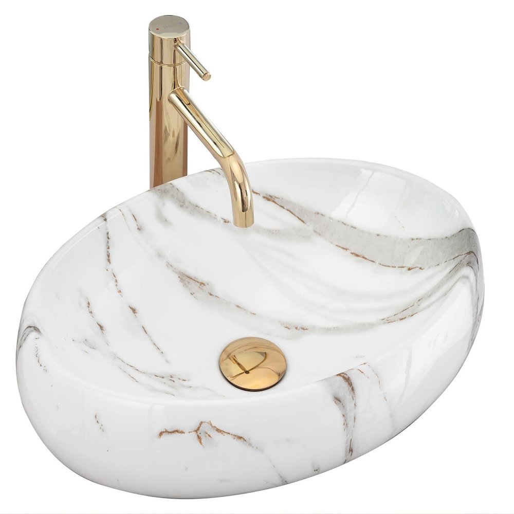 Rea Oval Ceramic Countertop Vessel Sink, Ivory Stone Marble, 33 x 48 cm