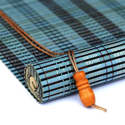 BcofoA Natural Blue Bamboo Roller Shade, Handwoven, Adjustable, 135 x 230 cm