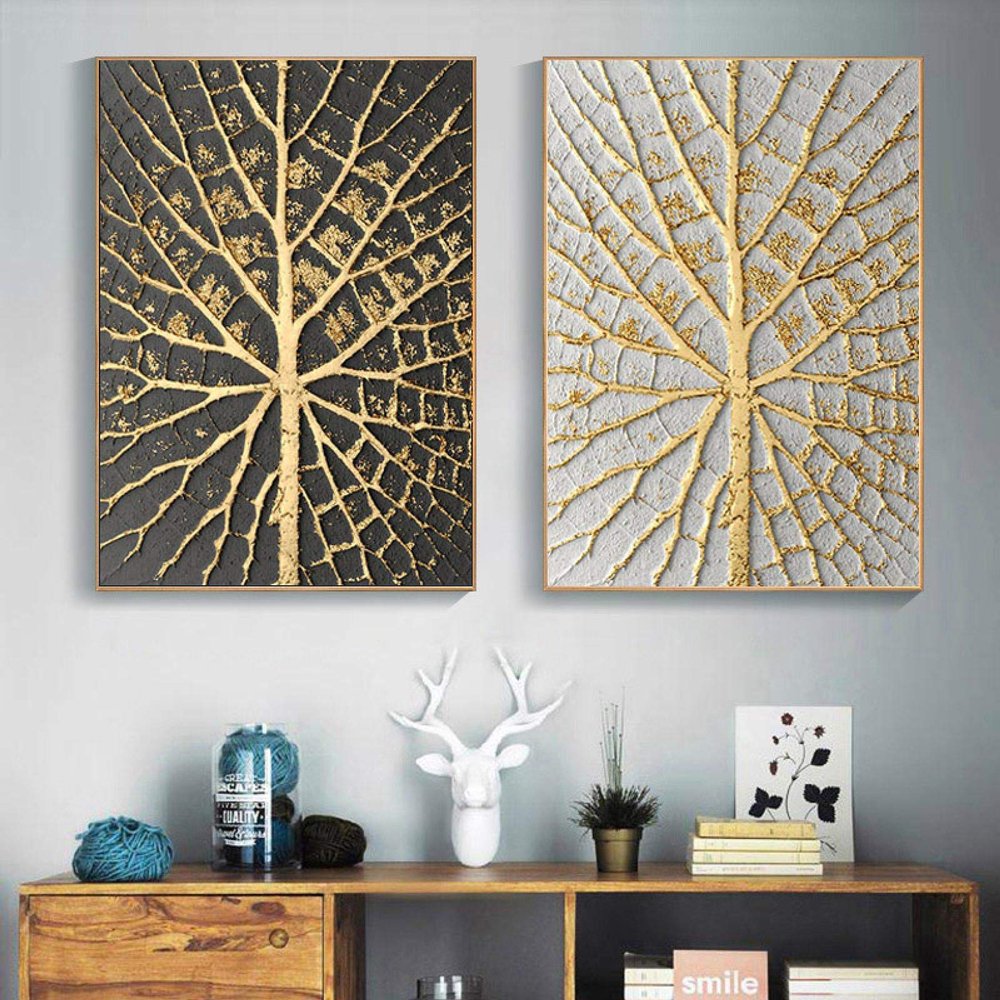 Abstract Golden Tree Wall Art, Modern Canvas Painting, Unframed, 60 x 90 cm (24 x 35 in), Set of 2