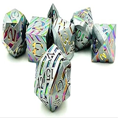 World of Dice Starfall Series Metal Pen-and-Paper Dice Set, 7-Piece, D4–D20, Silver Rainbow, Without Case