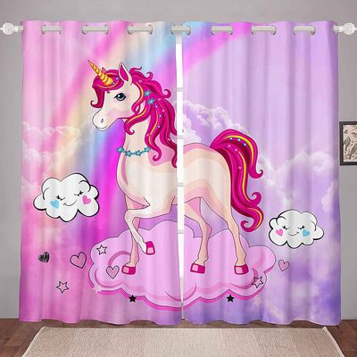 Unicorn Light-Filtering Curtains, Cute Pink Dreamy Horse Print, Rainbow Window Curtains for Kids' Bedroom, 137 x 117 cm, 2 Panels