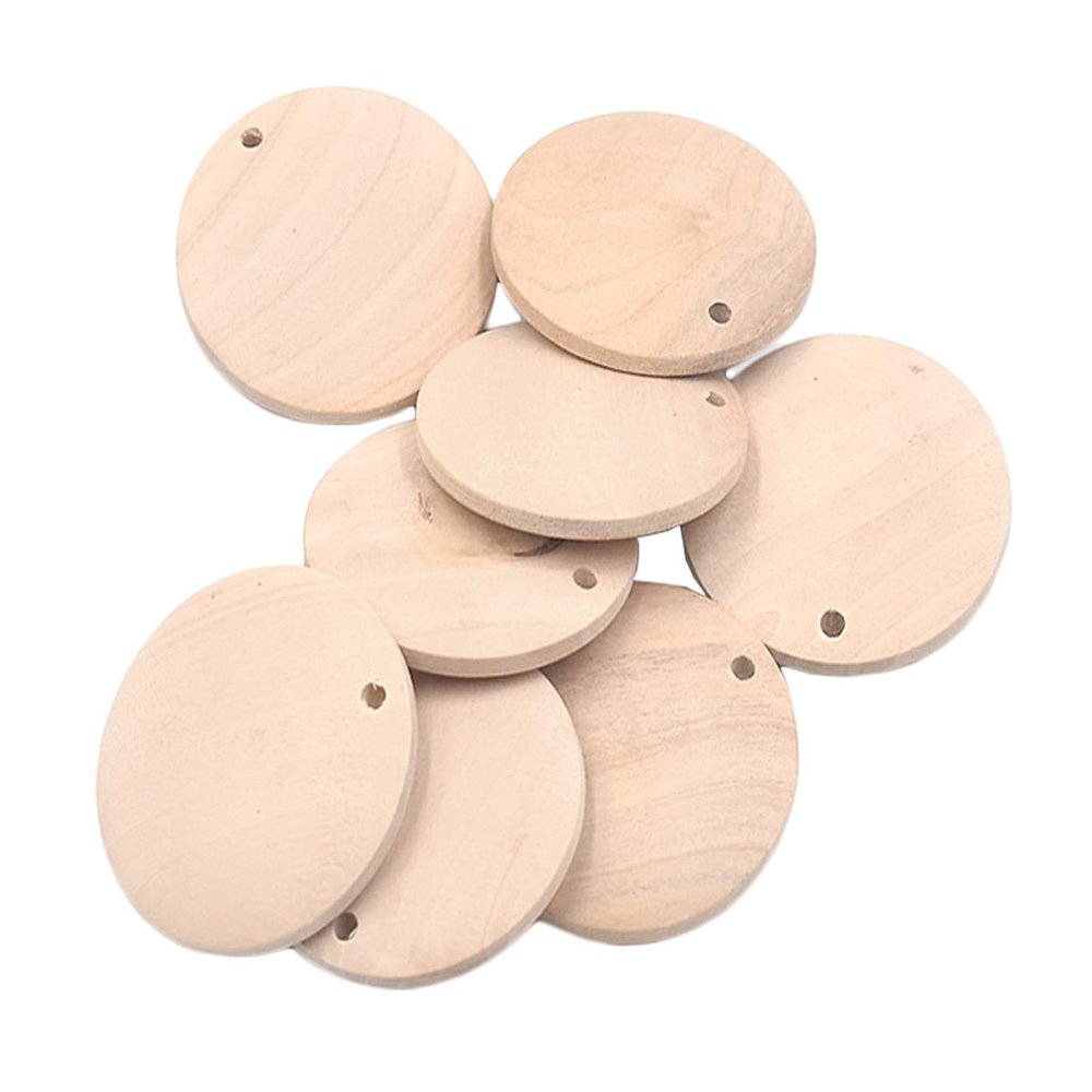 Anawakia 50 Round Wooden Discs with Holes, 20 mm, Unfinished Wood Craft Blanks