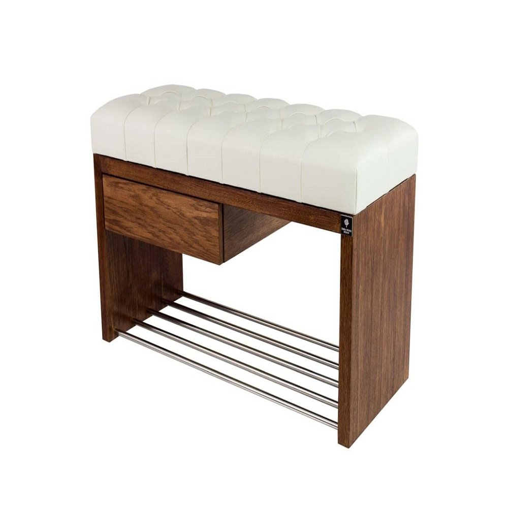 EMRA WOOD M-DEKO LPS-1 Chesterfield Shoe Bench with Drawer, White Faux Leather, Wooden Frame, Made to Measure (H 50 cm, D 30 cm, 80)