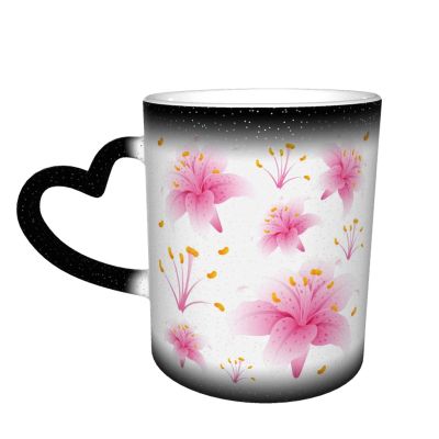 Ceramic Color-Changing Coffee Mug with Pink Lily Design, 330 ml
