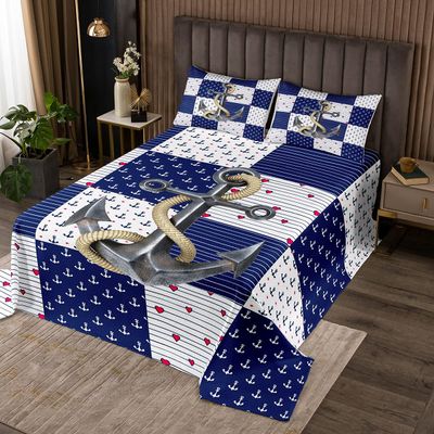 feelingyou Anchor Bedspread 240 x 260 cm, Nautical Theme for Boys' and Girls' Bedroom Decor, Stripes and Red Heart Design, Bedspread Set with 2 Pillow Shams, Multicolor