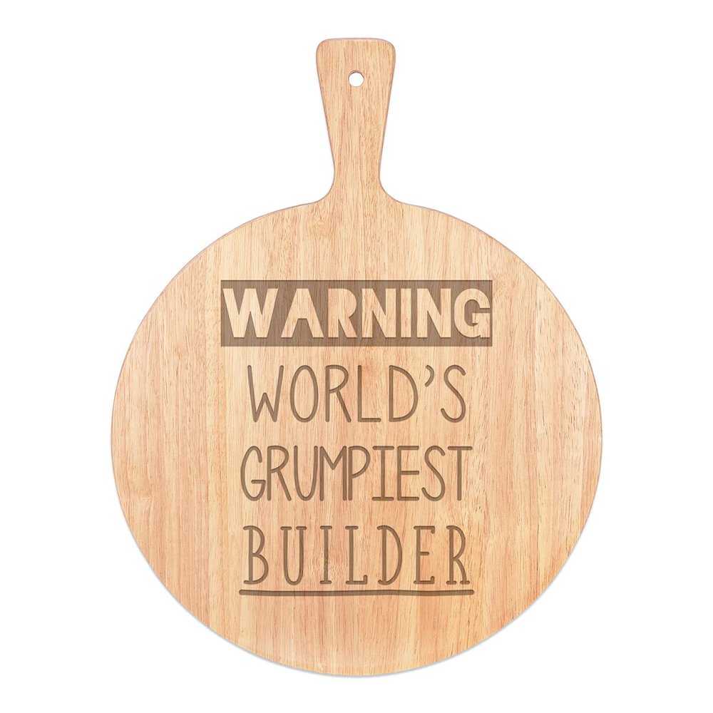 Warning: World's Grumpiest Builder Pizza Board, Serving Tray with Handle, Round Wood, 45 x 34 cm