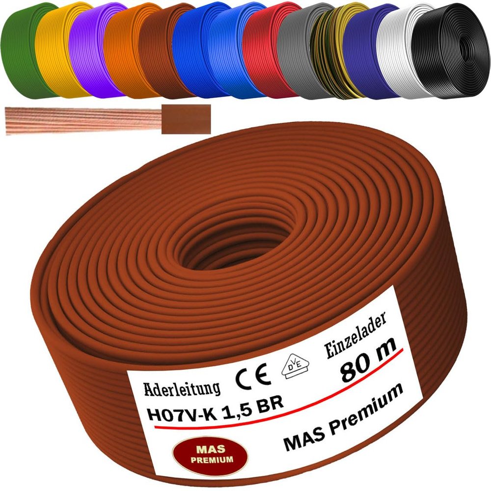 MAS Premium H07 V-K 1x1.5 mm² Flexible Single-Core Wire, 5–100 m (Brown, 80 m)