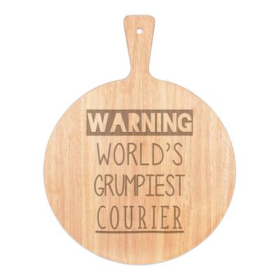 Warning World's Grumpiest Courier Pizza Board, Round Wooden Serving Tray with Handle, 45 x 34 cm