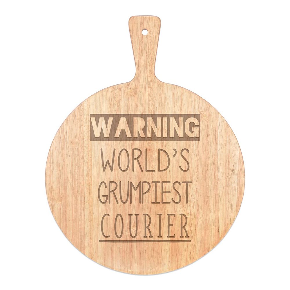 Warning World's Grumpiest Courier Pizza Board, Round Wooden Serving Tray with Handle, 45 x 34 cm