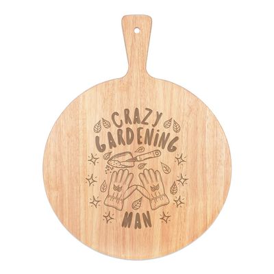 Crazy Gardening Man Stars Pizza Board with Handle, Round Wood, 45 x 34 cm