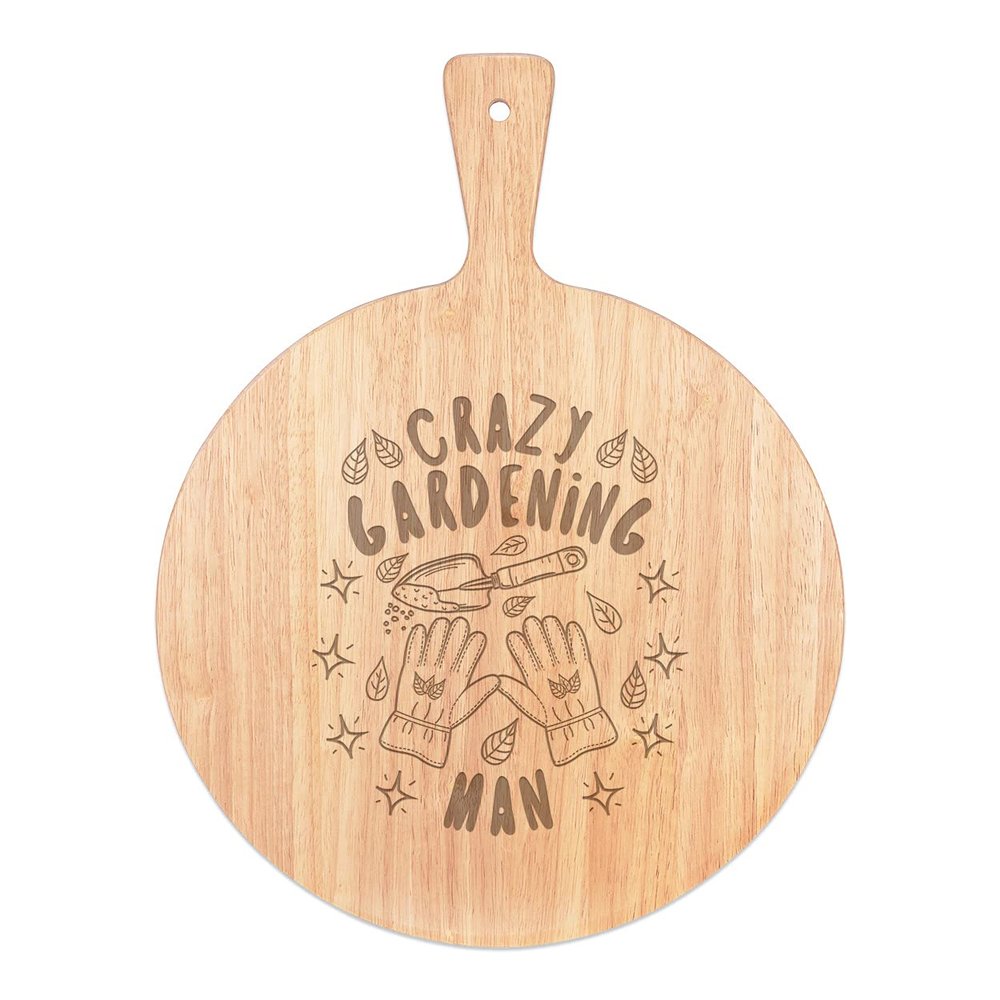 Crazy Gardening Man Stars Pizza Board with Handle, Round Wood, 45 x 34 cm