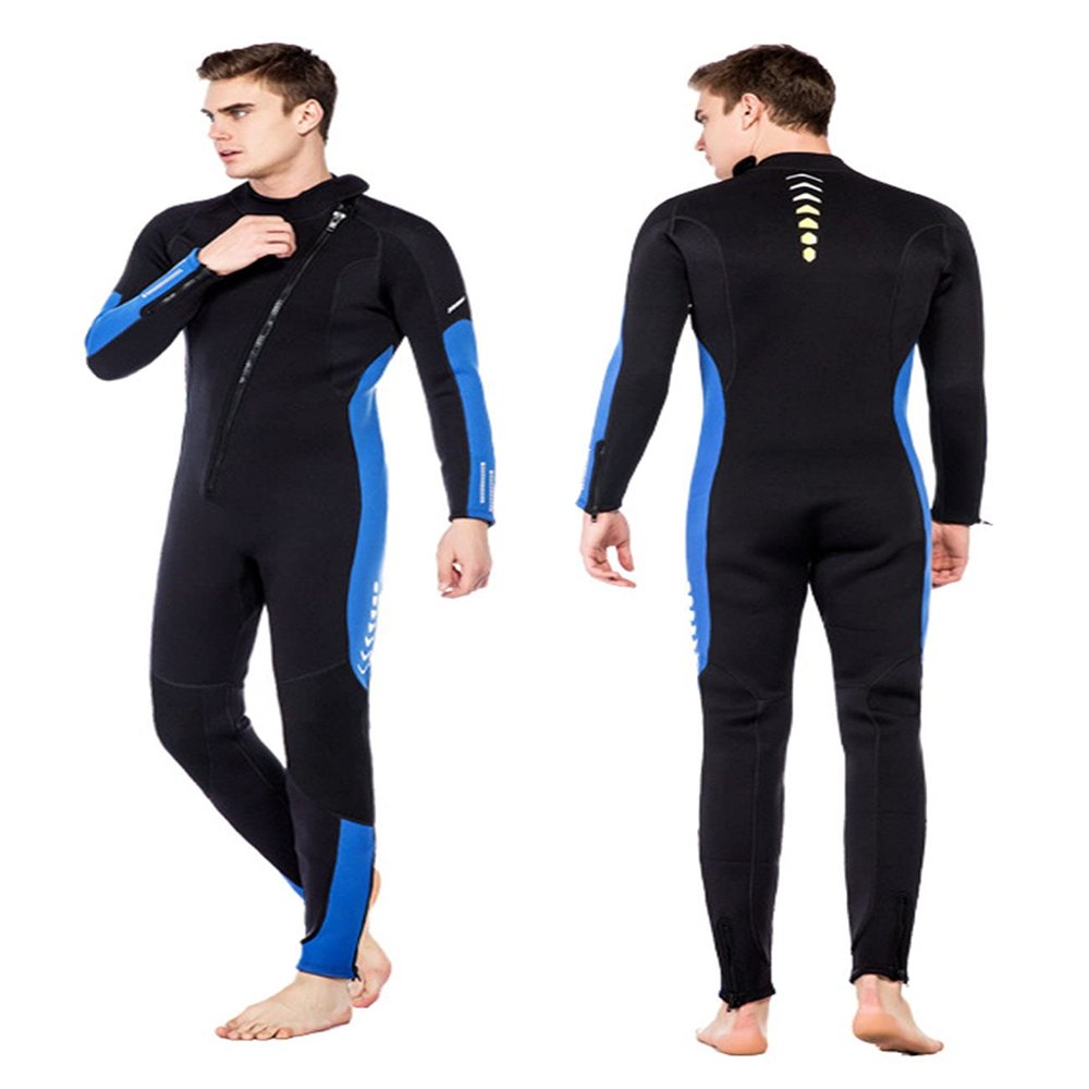 Men's Full-Body Neoprene Wetsuit with Front Zipper, Black and Blue, Size L
