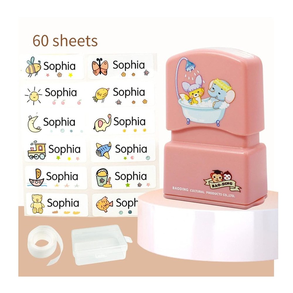 Personalized Kids' Name Stamp and Stickers for Clothing, Self-Inking DIY Stamp (Combination 1)