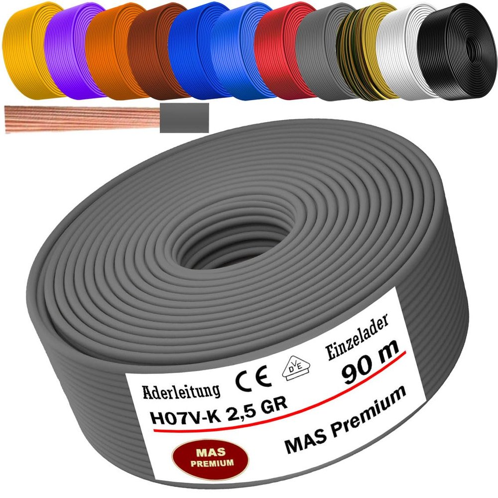 MAS Premium H07V-K 2.5 mm² Flexible Single-Core Wire, Gray, 90 m