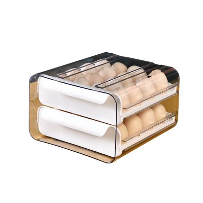 Egg Holder for Refrigerator, 32 Compartments, Stackable, Double-Layer Drawer, Transparent, White