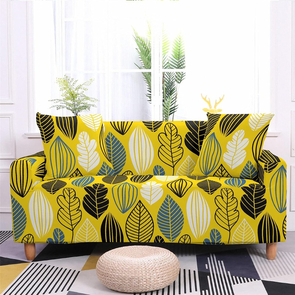 Highdi Stretch Sofa Cover with Leaf Pattern, Yellow, 3-Seater