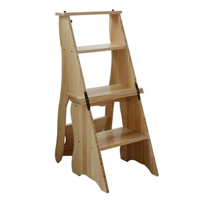 GJSN Wooden Folding Step Stool, 4-Step Ladder, Natural Wood, 34 × 40 × 85 cm