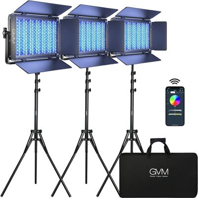 GVM 1500D RGB Video Light Panel 3-Pack, 75W LED Studio Lights with Stands, 27,000 Lux, 3200K-5600K, 18 Effects, App Control, CRI 97+