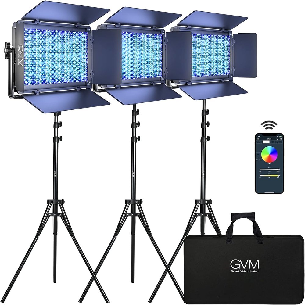 GVM 1500D RGB Video Light Panel 3-Pack, 75W LED Studio Lights with Stands, 27,000 Lux, 3200K-5600K, 18 Effects, App Control, CRI 97+