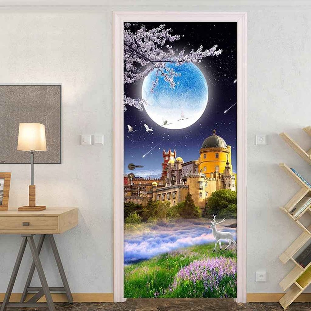 CBWRAW 3D Self-Adhesive Removable PVC Door Wallpaper, Moon Castle Pattern, 77 x 200 cm