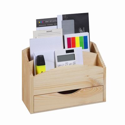 LOCALIS Desk Organizer with Drawer, Pine Wood, 2 Compartments, 25 x 10 x 20 cm