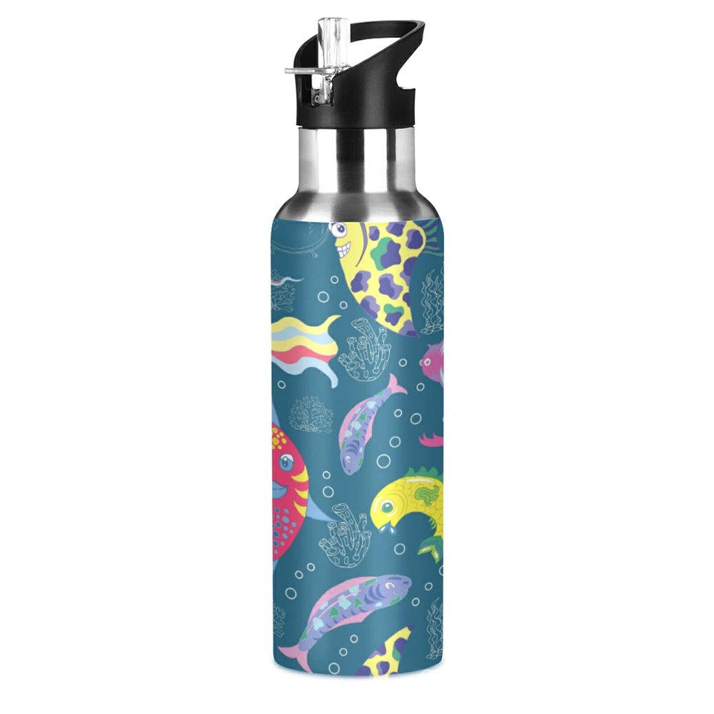 Mnsruu Insulated Water Bottle for Girls and Boys, Tropical Fish Stainless Steel Bottle with Straw, 590 ml